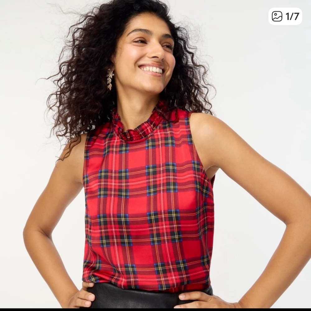 J.Crew Red Tartan Plaid Ruffleneck, bow back top